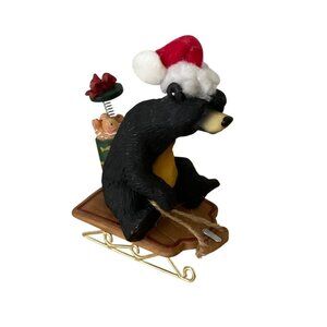 Vtg O’Well Bear Riding Sled w Barrel Fish Christmas Santa Hat Lodge Cabin Decor